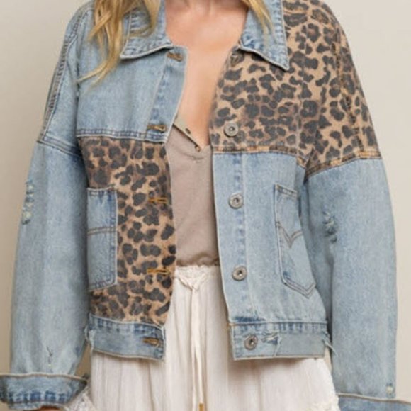 Distressed Denim and Leopard Short Oversized Jacket - Picture 11 of 17